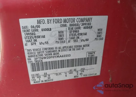 2000 Ford F-250 Lariat/Xl/Xlt из США, поврежденный, VIN 3FTNW20F0YMA62253